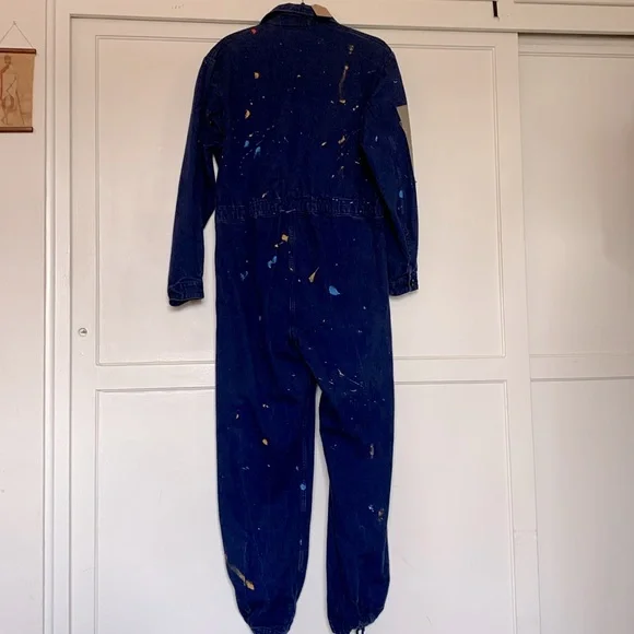 Artist coveralls, jumpsuit, patches and paint, drawstring bottoms, button up